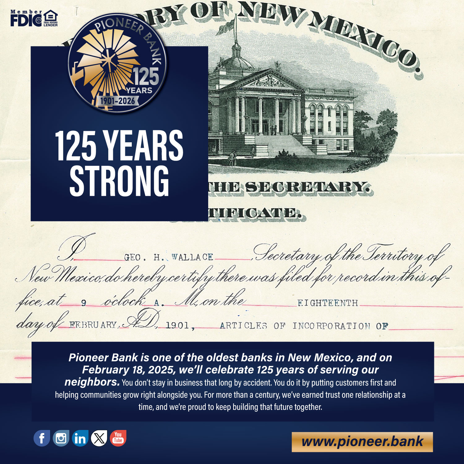 125th anniversary territorial certificate